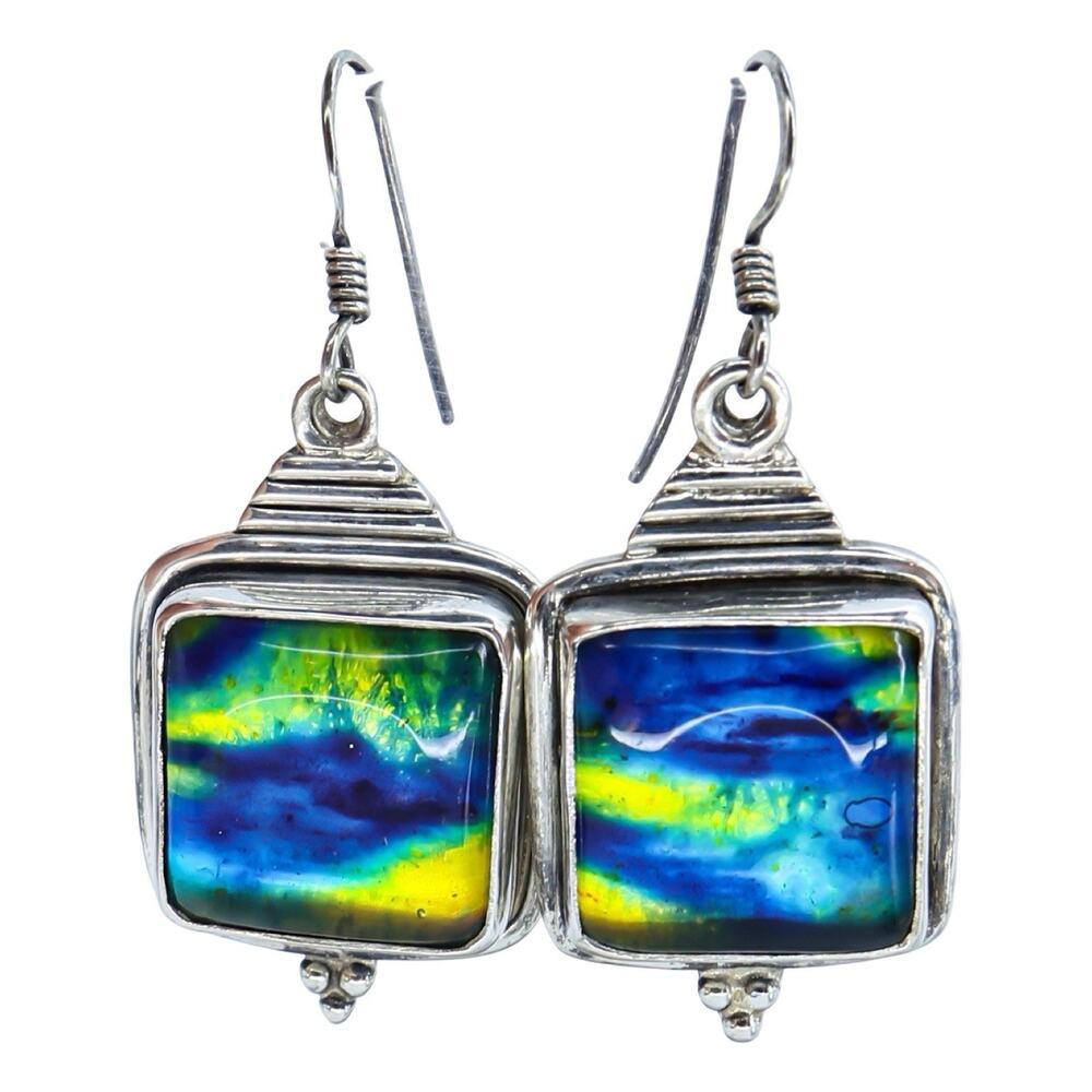 Vintage Heavy Large 925 Sterling Silver Dichroic Glass Dangle Earrings 15.9g 90s